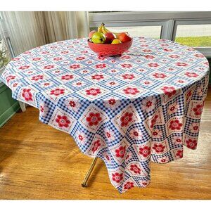Vintage 70s tablecloth, red pink white daisy flowers,  blue checkered pattern